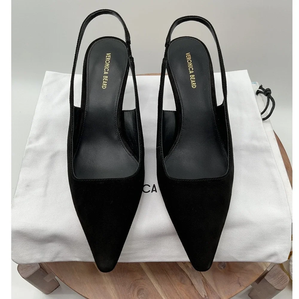 Veronica Beard Cashel Black Suede Pointed Toe Slingback Kitten Heel Pumps 8M - Picture 2 of 15